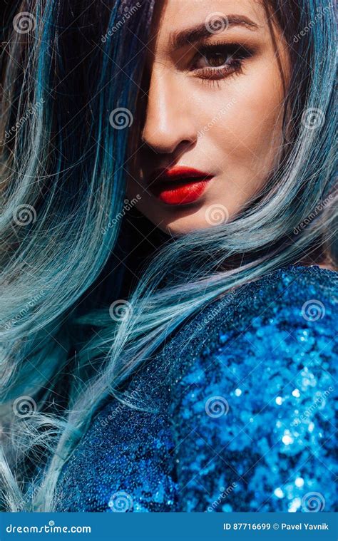 Fashion Portrait Of Gorgeous Girl With Blue Dyed Hair Long The