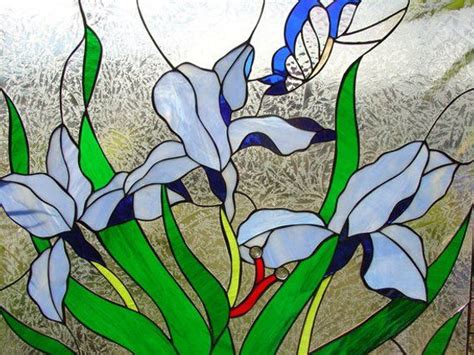 Blue Iris Butterfly Stained Glass Window Panel Flower Glass Art Home