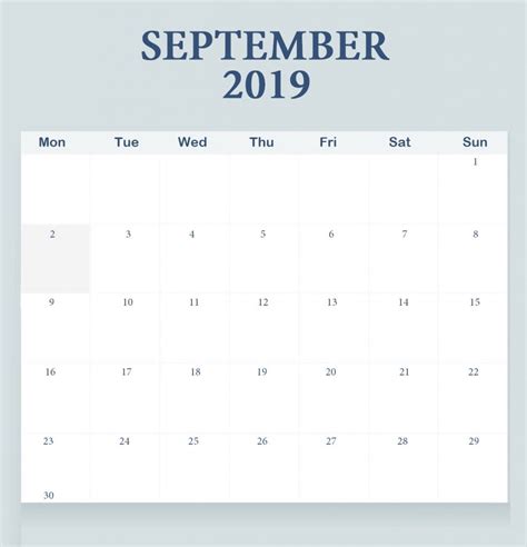 September Calendar 2019 Printable Template Pdf Word Excel