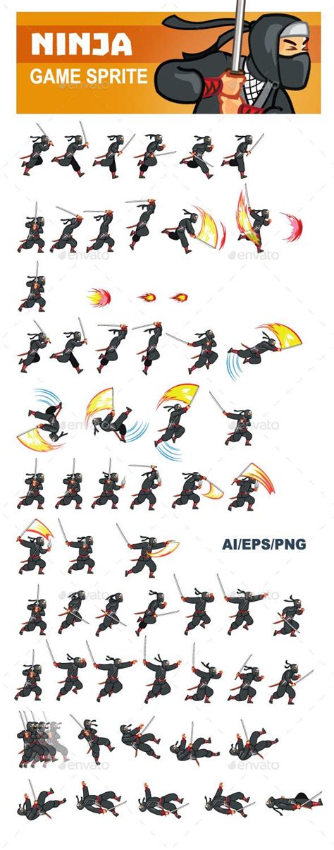 Ninja Game Sprite Is Designed For 2d Side Scrolling Adventure Fight Or