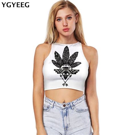 Ygyeeg Fitness Skinny Crop Top Feather Print 2018 New Women Tight