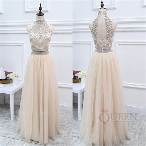 gorgeous champagne 2 piece tulle long prom dress two piece beaded bodice evening gown sheer