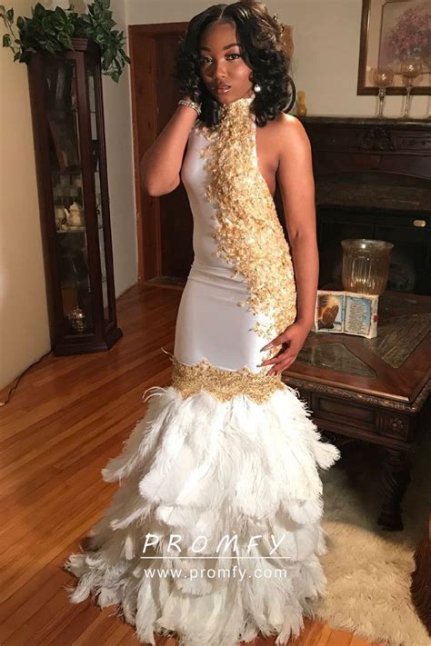 Unique Gold Lace Appliqued High Neck White Feather Mermaid Long Prom