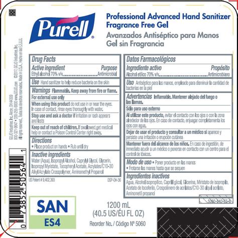 Purell Professional Advanced Hand Sanitizer Fragrance Free Gel Alcohol Gel