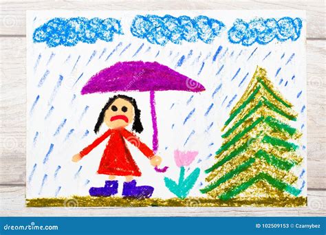 Sad Girl With Umbrella Drawing