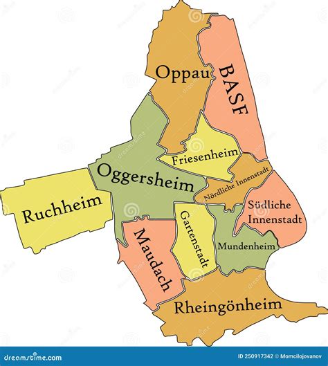 Pastel Tagged Districts Map Of Ludwigshafen Am Rhein Germany Stock