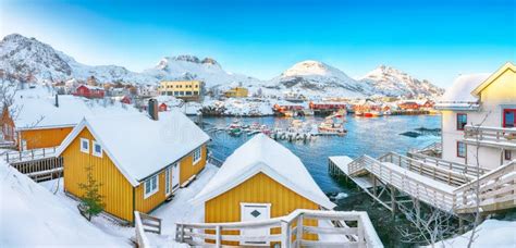 Splendid Morning Seascape Of Norwegian Sea And Cityscape Of Sorvagen