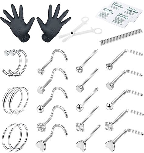 Cassieca 21 Pcs Body Piercing Kit 18g Professional Piercing Tool Kit Stainless Steel Hoop Ear