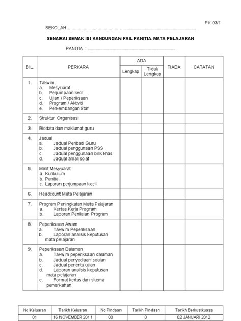 Pdf Borang Pk Senarai Semak Isi Kandungan Fail Panitia Doc Dokumen Tips