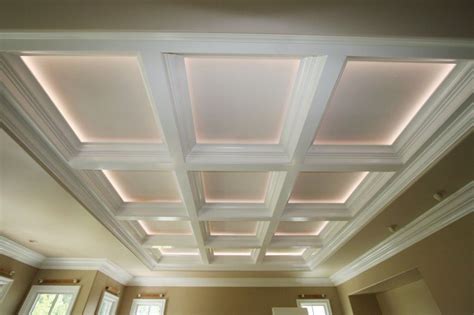 Coffered ceiling with crown molding and recessed lighting in each. Top Unique Coffered Ceiling Design Ideas to Inspire