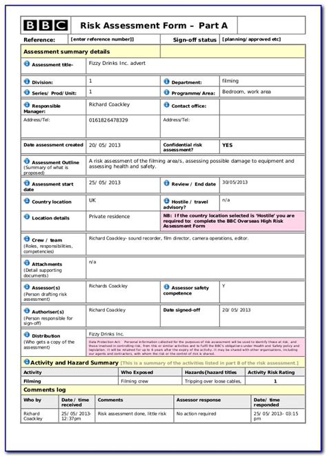 Electrical Risk Assessment Form Sample