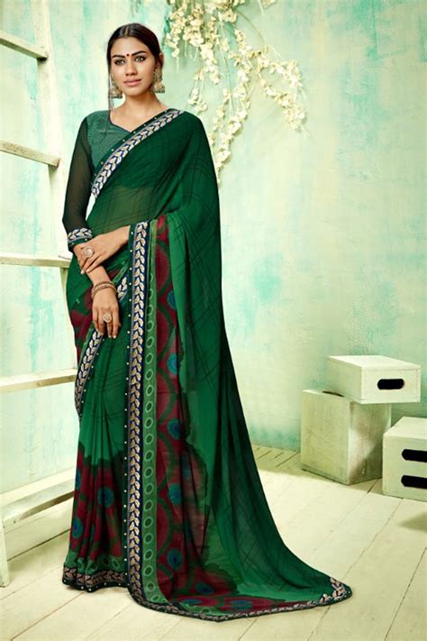 Green Fancy Printed Lace Bordered Event Wear Sadi With Blouse Piece