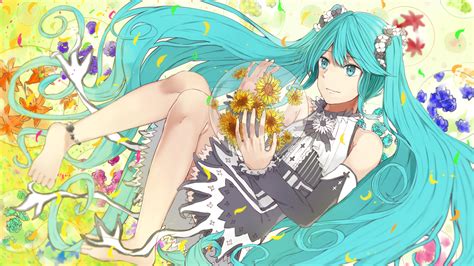 Aqua Eyes Aqua Hair Barefoot Dress Flowers Hatsune Miku Long Hair Tagme Artist Twintails