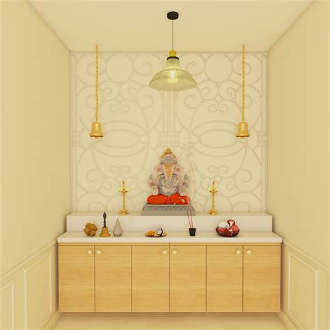 Modern Pooja Room Design With Two Step Platform And Adequate Storage