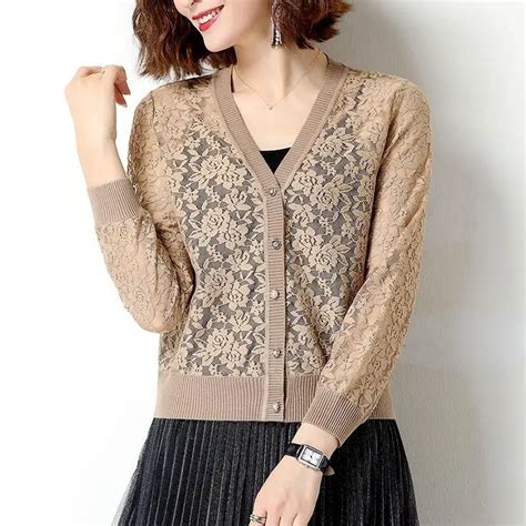 Lace Hollow Out Knit Cardigan Summer Lightweight Sunscreen Shirts V Neck Single Breasted Long