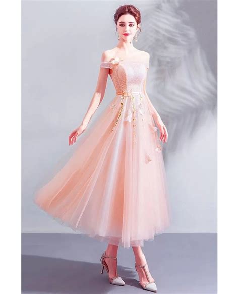 Gorgeous Pink Off Shoulder Tulle Tea Length Party Dress With