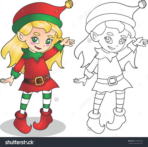 Vector Illustration Christmas Elf Girl Outline For Coloring Book For