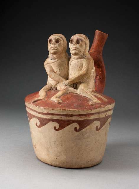 Spout Vessel Depicting Two Skeletal Figures In Erotic Scene Attached To