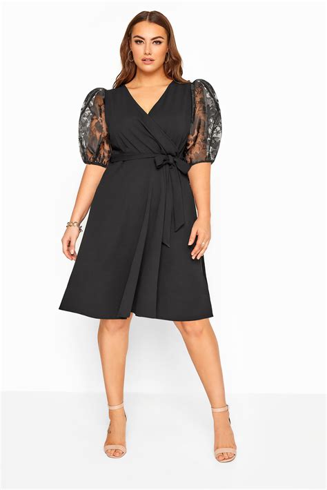 Yours London Black Floral Organza Puff Sleeve Wrap Dress Yours Clothing