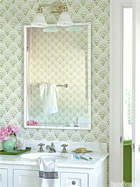 Beautiful Chinoiserie Bathroom With Printed Green Wallpapet Bathroom