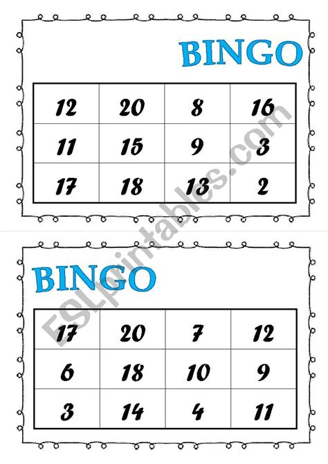 Numbers Bingo Cards From 1 To 20 Esl Worksheetcreguen Printable