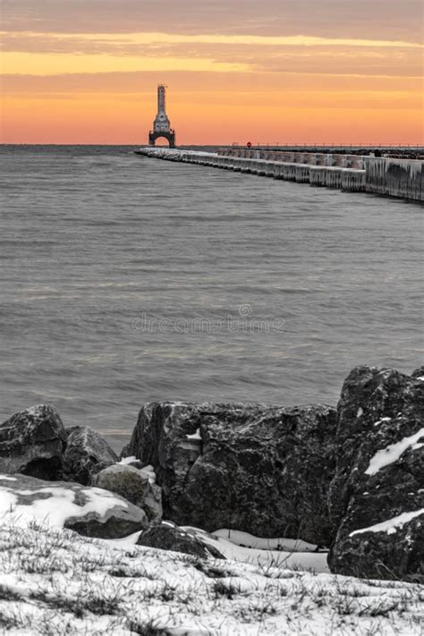 Port Washington Wisconsin Lighthouse Winter Stock Image Image Of