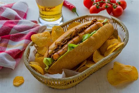 Hot Dog With Potato Chips Stock Photo Image Of Chili 112552412