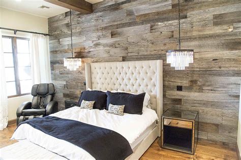 Wake up those bedroom walls with some dreamy decorating ideas. PBW: Tobacco Barn Grey Wood Wall - Master Bedroom | Master bedroom accents, Bedroom wall ...