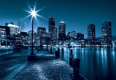 144x100inch Wall Mural Photo Wallpaper Night City Skyline View Blue