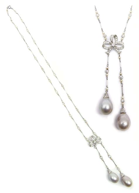 Early 20th Century Diamond And Double Grey Pearl Drop Sautoir Necklace