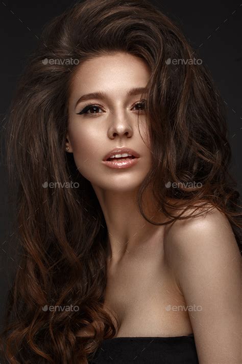 Beautiful Brunette Model Volume Curls Classic Makeup And Sexy Lips