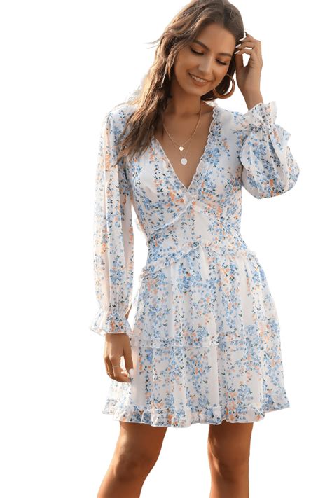 Xicks Dresses For Women 2023 Spring Summer Deep V Neck Ruffle Long Sleeve Floral Print Mini