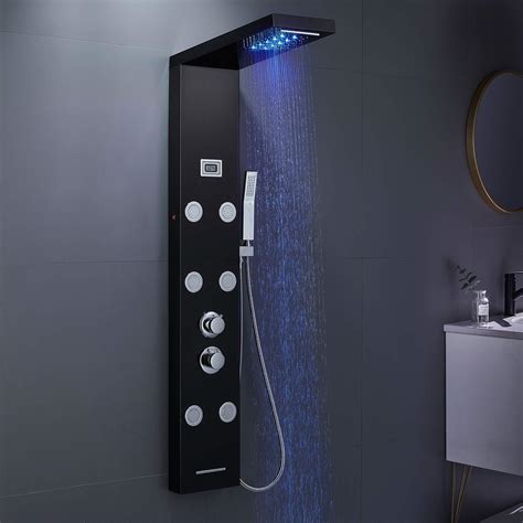Rovate Led Rainfall Waterfall Shower Tower Panel System Black 5 In 1 Shower Column With 6 Mist