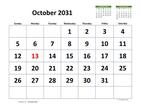 October 2031 Calendar With Extra Large Dates