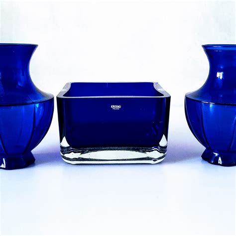 Vintage Cobalt Blue Art Glass Dish Krosno Poland Square Hand Blown