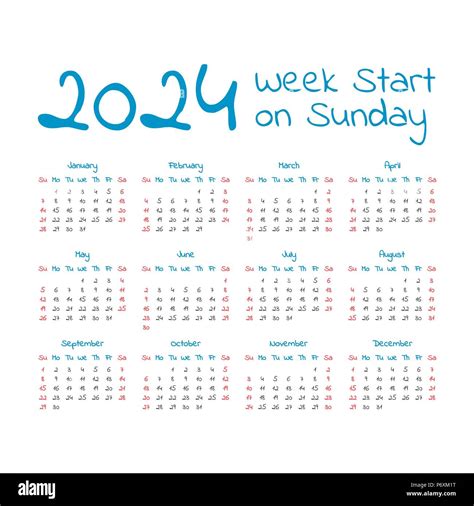 Simple 2024 Year Calendar Week Starts On Sunday Canstock Vrogue