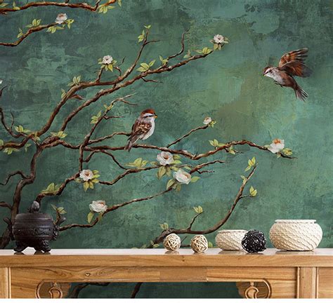 Vintage Dark Birds And Flowers Wallpaper Nature Wall Mural Floral