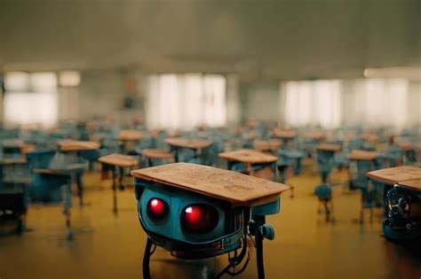 Premium Photo Futuristic School Classroom With Robots And Desks Ai