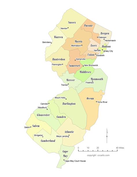 State Of New Jersey County Map With The County Seats Cccarto
