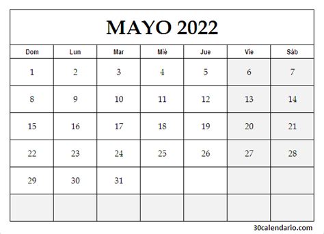 Descargar Calendario Mayo 2022 Calendario 2022 Para Imprimir Gratis