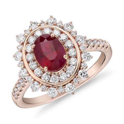 Oval Ruby Ring With Double Diamond Halo In 14k Rose Gold 7x5mm Blue