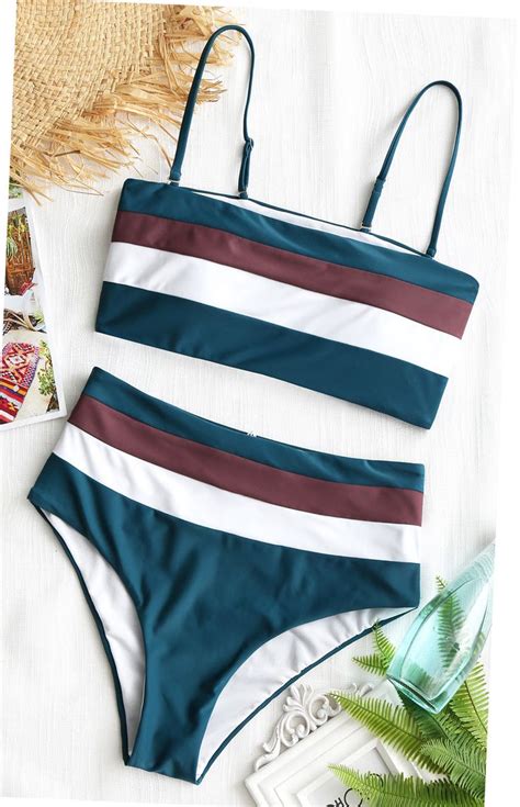 Shop For Cute Cami Striped High Waisted Bikini Swimsuit Blackish Green