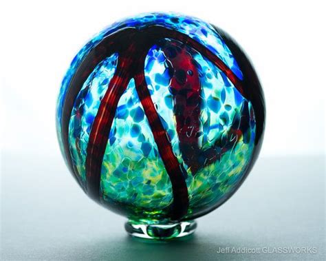 Deluxe Handblown Glass Float Impressionistic Blue And Green With Ruby Brush Strokes Glass