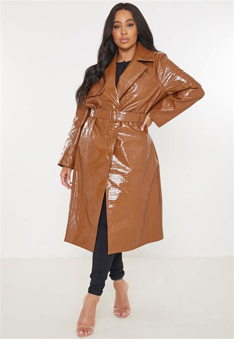 Plus Size Brown Croc Faux Leather Trench Coat Missguided