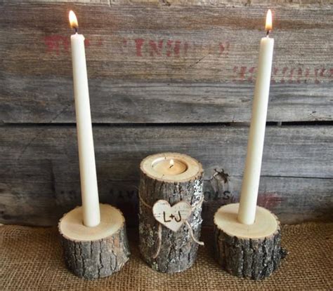 Country Brown Wooden Unity Candle Holder Set Tea And Taper Candle Size