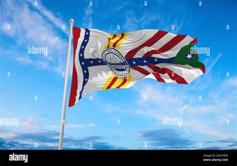 Flag Of Tampa Florida At Cloudy Sky Background On Sunset Panoramic