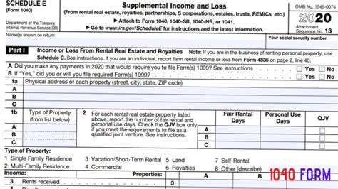 2020 2021 Schedule E Supplemental Income Or Loss 1040 Form