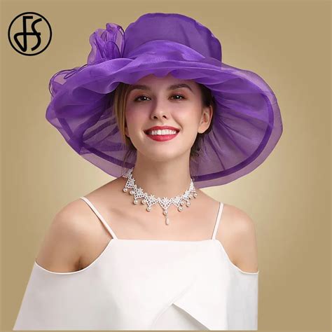 Fs Purple Wide Brim Fedoras Hats For Women Organza Church Caps Summer