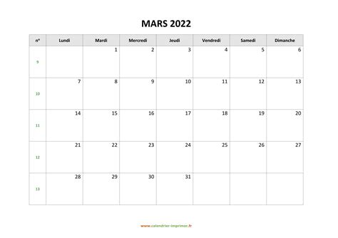 Calendrier Mars 2022 à Imprimer