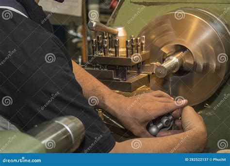 The Machine Operator Working With Lathe Machine Stock Image Image Of